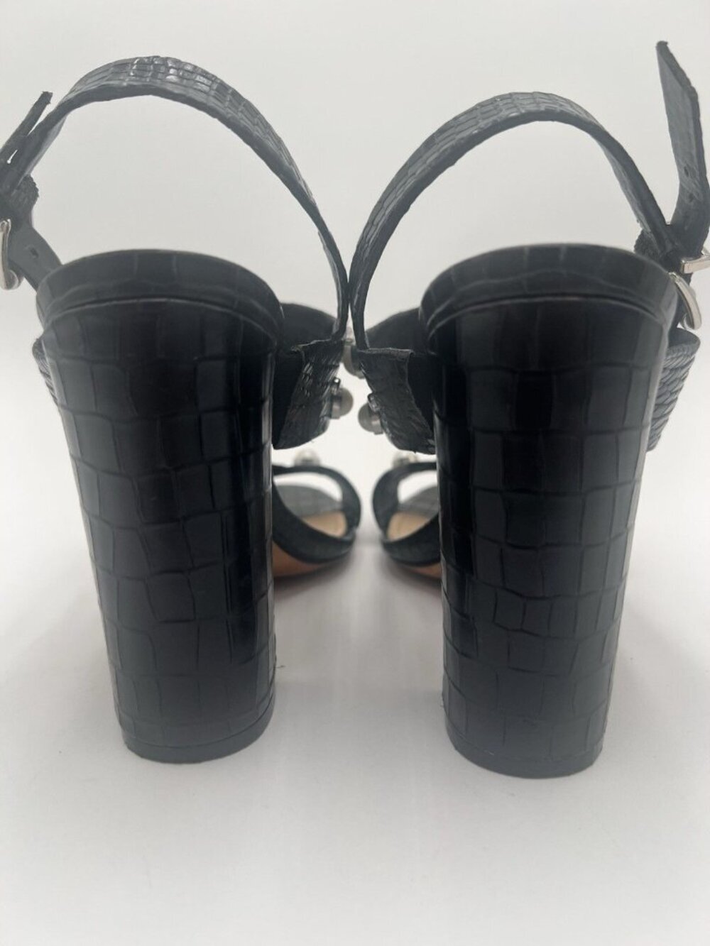 Schutz Zarita Sandals 8B Black Croc Embossed Leather Pearl Stud Slingback Heels - Picture 6 of 15